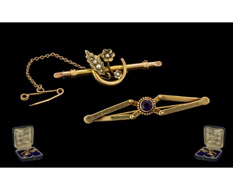 Victorian Period Attractive Pair of 9ct Gold Brooches ( 2 ) One Set with a Central Amethyst of Good Colour In a Scissors Desi