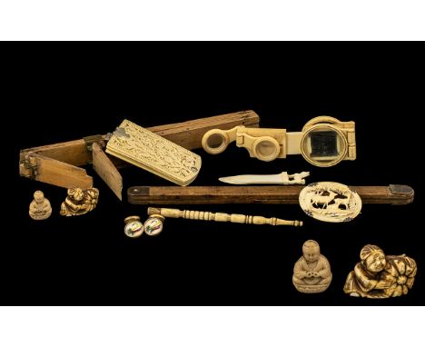 A Small Good Mixed Lot of Collectables to include a bone book mark, carved 'bone' brooch depicting stags, white metal back, u