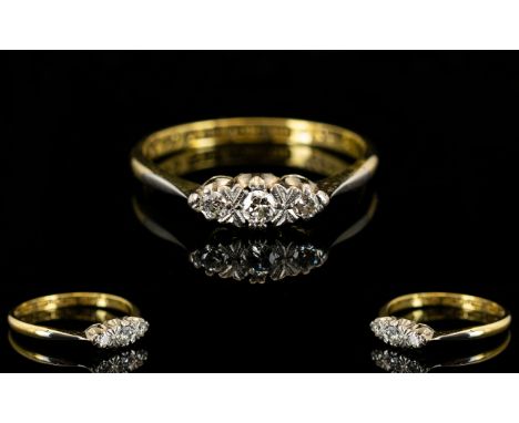 Ladies 18ct Gold and Platinum Pretty 3 Stone Diamond Set Ring of Small Proportions - Marked 18ct and Platinum. Ring size (M) 