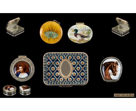 Top Quality - Vintage Collection of Silver and Enamel Pill Boxes ( 5 ) In Total. All Are Fully Hallmarked and Marked 925 Silv