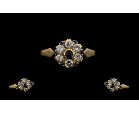 18ct Gold Attractive and Superb Diamond and Sapphire Cluster Ring - Flower Head Design. c.1930's. Full Hallmark for 18ct, Dia