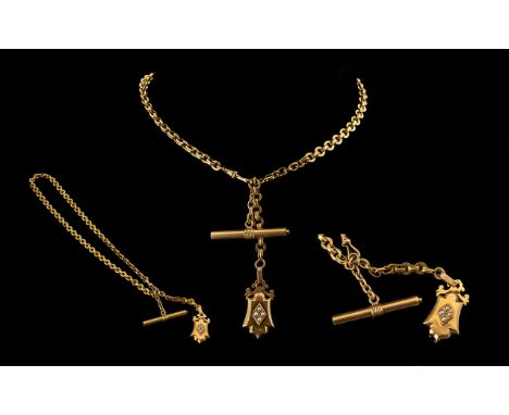 Antique Period - Good Quality 15ct Gold Watch Chain, The Attached T- Bar Is Also a Watch Key ( Unusual ) and a Further Attach
