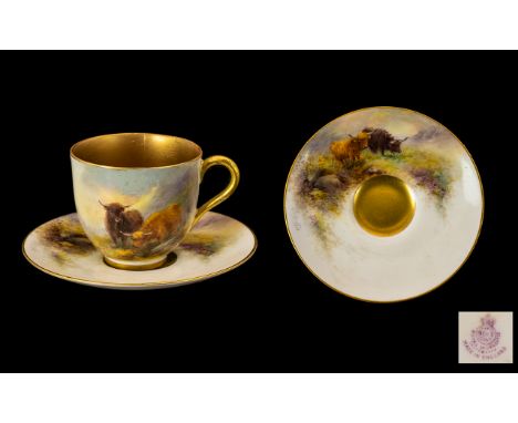 Royal Worcester Handpainted Small Signed Cup &amp; Saucer 'Highland Cattle' signed Harry Stinton, dated 1924.  Size - saucer 