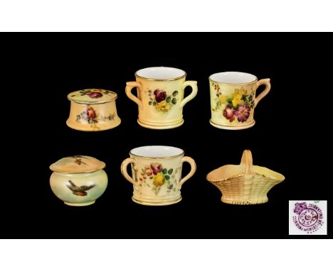 Royal Worcester - Hand Painted Collection of Blush Ivory Assorted Miniatures All with Floral Images.( 6 ) Pieces In Total. Da