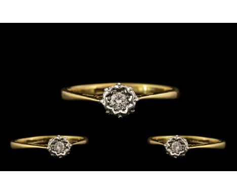 18ct Yellow Gold Single Stone Diamond Ring Illusion Set, Diamond of Good Colour and Clarity. Ring Size T - U. 2.8 grams. All 