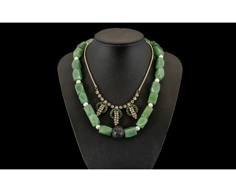 Two Pieces of Quality Costume Jewellery comprising a heavy green stone and pearl necklace, and a vintage necklace with three 