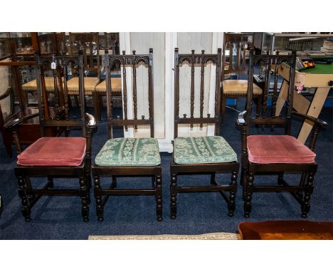 Set of Four Jacobean Ercol Style Chairs - carved arch back rail turned and carved supports, comprising of two carvers and two