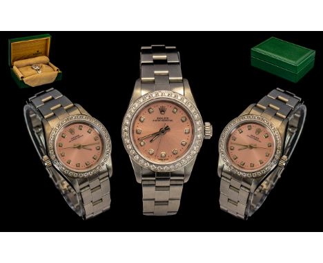 Rolex - Ladies Steel Oyster Perpetual Wrist Watch, with Afterset Full Diamond Bezel, Features pink champagne Dial and Markers
