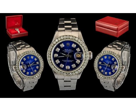Rolex - Ladies Steel Oyster Just Date Perpetual Wrist Watch, with Afterset Full Diamond Bezel, Features blue Dial and diamond