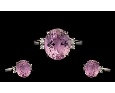 18ct White Gold - Superb Oval Shaped Kunzite and Diamond Dress Ring. Full Hallmark for 18ct 750. Birmingham 2008. The Faceted