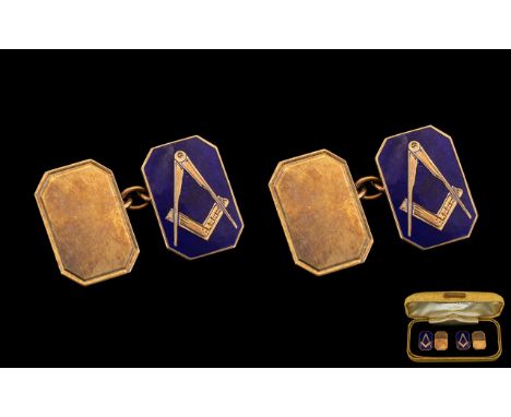 Masonic Interest. A Gents 9ct Gold Pair of Cufflinks Decorated with Blue Enamel and Gold Overlay, Masonic Symbols to Each Cuf