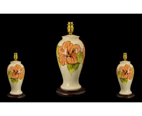 Moorcroft - Impressive and Large Tube lined Lamp Base, Decorated with Images of Coral Hibiscus on Cream Ground, Raised on a C