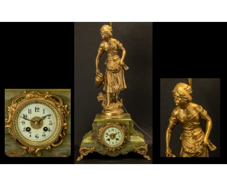 A French Figural Spelter Mantle Clock a pheasant girl at the fountain surmounted on a green onyx base with ormolu scroll legs
