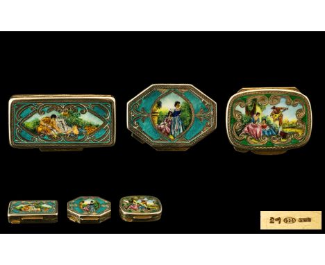 A Nice Quality Trio of Silver Gilt and Enamel Pill Boxes, The Covers Depicting Scenes with Figures From The 19th Century Life