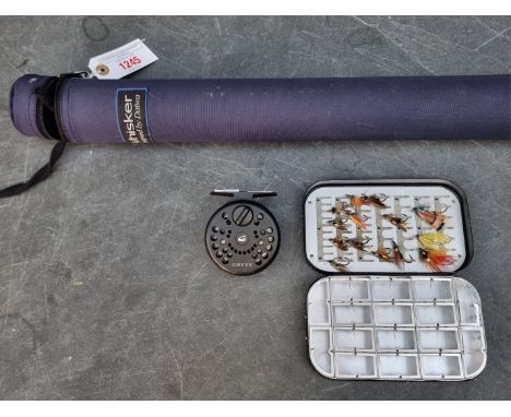 Angling: a Daiwa 'Whisker Fly Rod', 9'6'', #7-8, in sleeve and further tube; together with a Greys reel, and fourteen flies, 