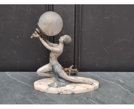 An Art Deco spelter and marble figural table lamp,&nbsp;31.5cm high, (repair to shade). 