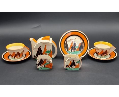 A Clarice Cliff 'Trees and House' Stamford tea for two set, comprising teapot &amp; cover; milk jug; sugar bowl; two cups &am