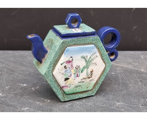 A Chinese enamelled Yixing hexagonal teapot and cover, impressed seal mark to base, 13.5cm high. 