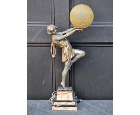 An Art Deco spelter and marble figural lamp,&nbsp;height including glass shade 63cm. 