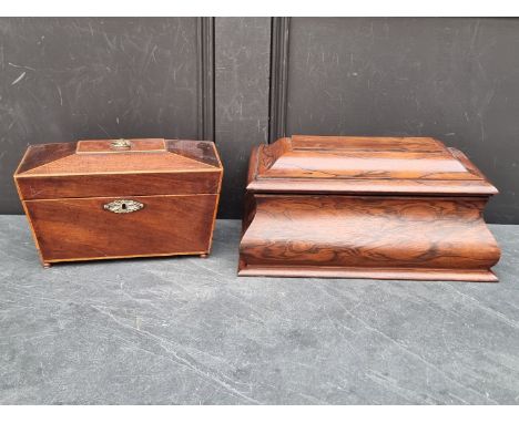 A rosewood sarcophagus tea caddy and cover,&nbsp;39.5cm wide; together with another 19th century mahogany example, 30cm wide.