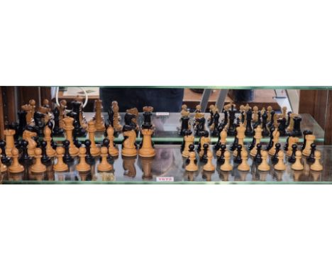 A Victorian Jaques Staunton pattern boxwood and ebony part chess set,&nbsp;king, 7.8cm, pawn, 4.2cm, (lacking black queen and