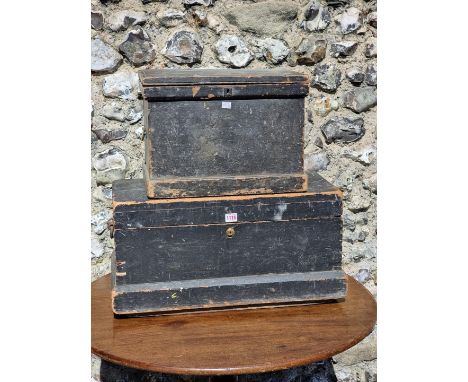 Two antique ebonised pine tool chests, largest 64.5cm wide. 
