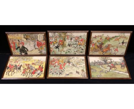 English School, a  set of six comical hunting scenes, watercolour and gouache, 22cm x 32cm (6) 