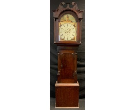 A 19th century oak longcase clock, by Robert Law, Castle Douglas, the arched and painted Arabic dial with central subsidiary 