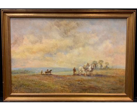 M. J. Rendell, Ploughing the High Field, signed, oil on board, 51cm x 76.5cm 
