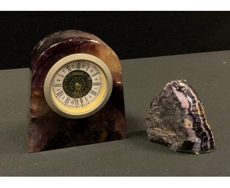 A Derbyshire Blue John arched clock, 10.5cm high;  a rock specimen (2) 