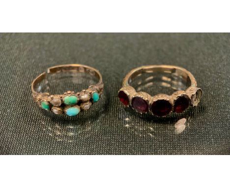 A 19th century seed pearl and turquoise cluster ring, 9ct gold shank, size K, 1g gross;  a 19th century red garnet five stone