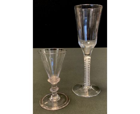 An 18th century wine glass, tapering bowl, double air twist stem, c.1760, 19.5cm high;  cordial glass, ring knop stem, folded