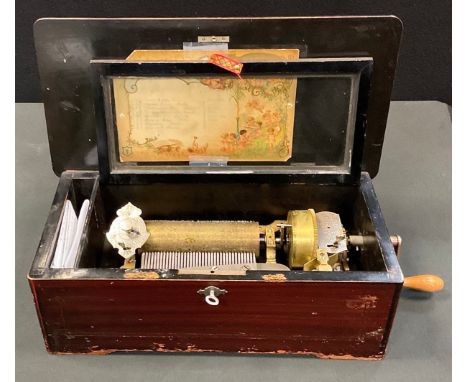 A late 19th century Swiss Marque de Fabrique cylinder musical box, 15.5cm drum, playing eight airs, the rectangular case plai