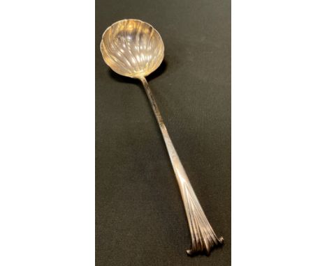 A George II Onslow pattern soup ladle, fluted bowl, marks rubbed, 1754, 4.18ozt, 130 grams