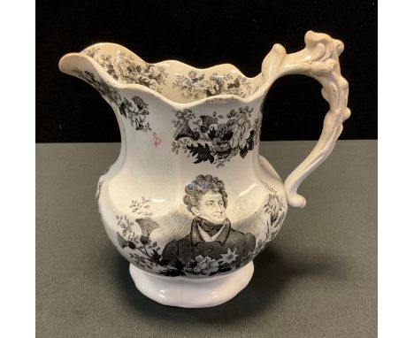 An early 19th century commemorative jug, transfer printed in monochrome with portrait of 'George IV', Royal Crest and inscrib