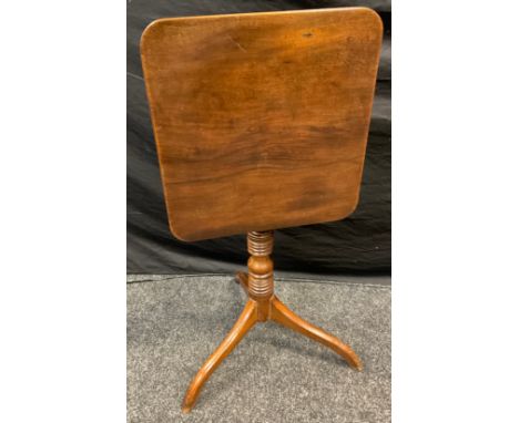 A George III mahogany rounded square occasional table, ring turned column, tripod legs, 68.5cm high, 47.5cm wide, c.1800 