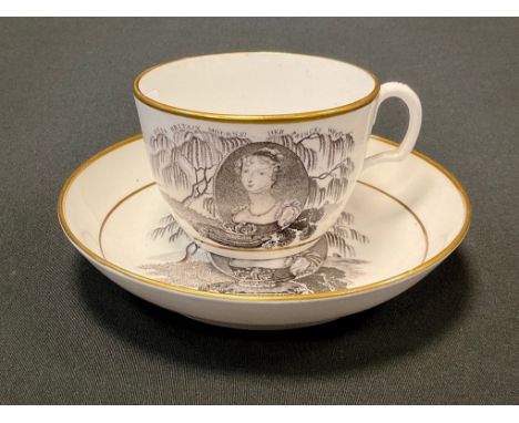 An early 19th century commemorative  mourning cup and saucer,  printed in black with a portrait of Princess Charlotte before 
