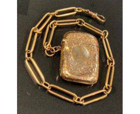 An 18ct gold  fancy link albert chain, 354cm long, 38.9g;  suspending a 9ct gold vesta case, 16.1; 