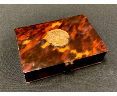 A Victorian rectangular tortoiseshell ring box, the cover set with an Art Nouveau lady, 10.75cm wide, c.1860 