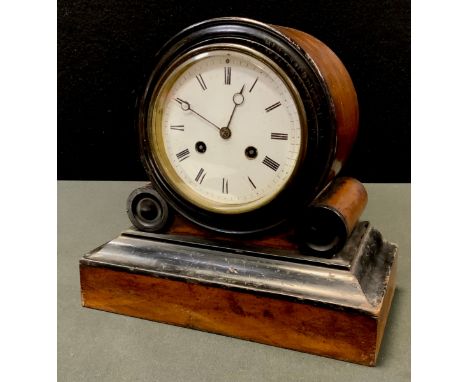 A Victorian ebonised and walnut mantel clock, Roman numerals, twin winding holes, 24cm high, c.1870 