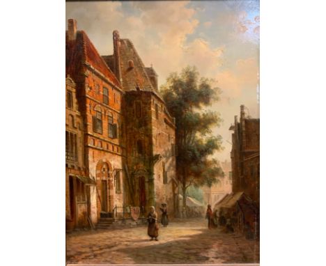 English school, 20th century, 'Early morning light, a market town', unsigned, oil on panel, 40cm x 30cm. 