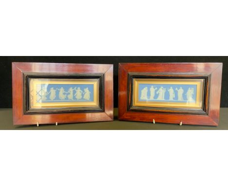 A pair of 19th century Wedgwood blue Jasper ware plaques, The Muses and Dancing Hours, typically in relief with figures in wh