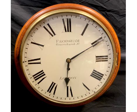 A 19th century mahogany drop dial wall clock, Frodsham, Gracechurch Street London, 30cm cream dial, bold Roman numerals, 40 h
