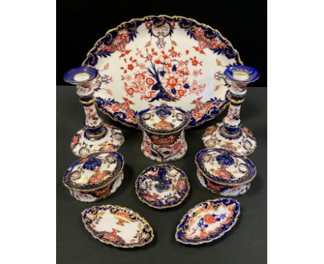 A Royal Crown Derby 383 'Scissor' pattern dressing table set, comprising oval tray, two oval lidded trinket jars and covers, 