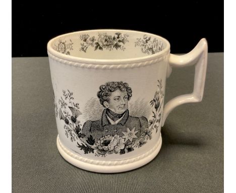 An early 19th century commemorative mug, transfer printed in monochrome with portrait of 'George IV', Royal Crest and inscrib