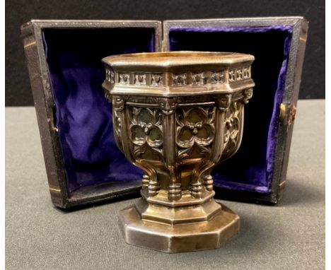 A Victorian silver miniature presentation Gothic font, cast with masks and trefoils, 9cm high, Henry Wilkinson &amp; Co, Shef