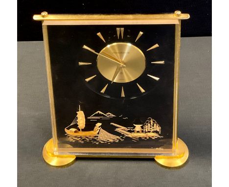 A Jaeger Le Coultre Marina Atmos clock, eight day movement, gilt baton markers, the Perspex case with gilt chinoiserie scene,