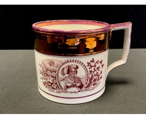 A  19th century pearlware mug,  printed in brown with a  portrait of Queen Caroline watched over by an angelic Charlotte with