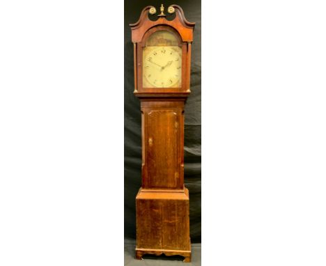 A George III oak longcase clock, swan neck pediment, turned and reeded columns, brass capitals, shaped door to centre, bracke