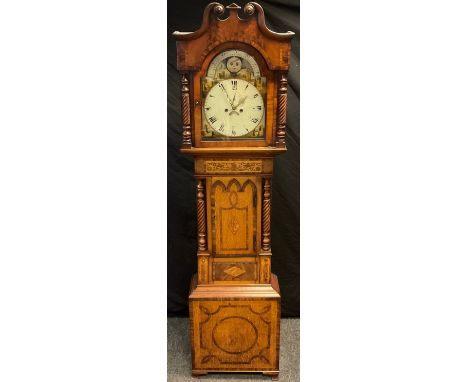 A Victorian oak and mahogany crossbanded longcase clock, the arched painted dial with lunar phase, Roman numerals, twin windi